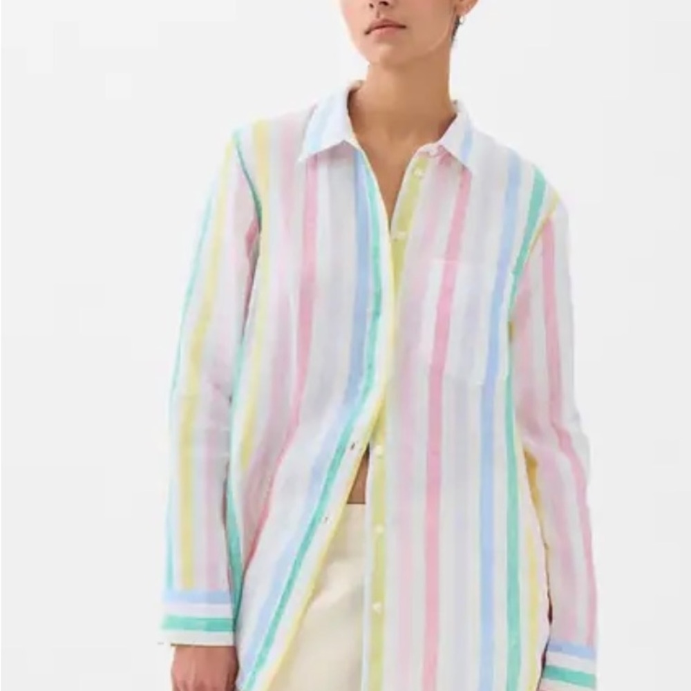 Gap Women’s Multicolored Stripes Linen Boyfriend Shirt - Rainbow Paradise